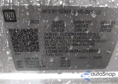 2021 Chevrolet Traverse Fwd Lt Cloth из США, поврежденный, VIN 1GNERGKW2MJ219619